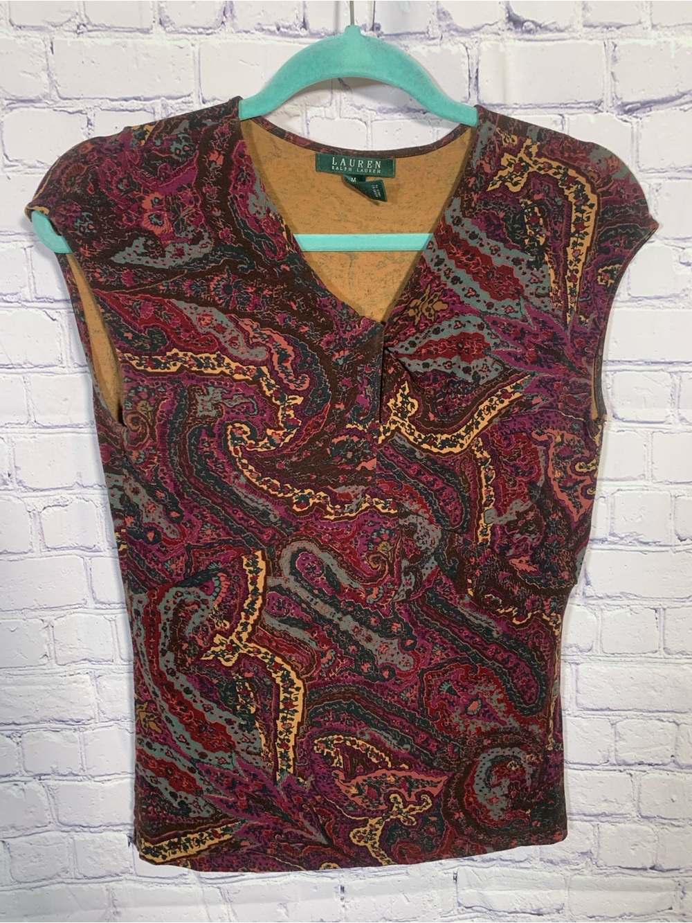 Lauren Ralph Lauren Womens Paisley Cap Sleeve V-Neck Top Red Size M Forest Fairy